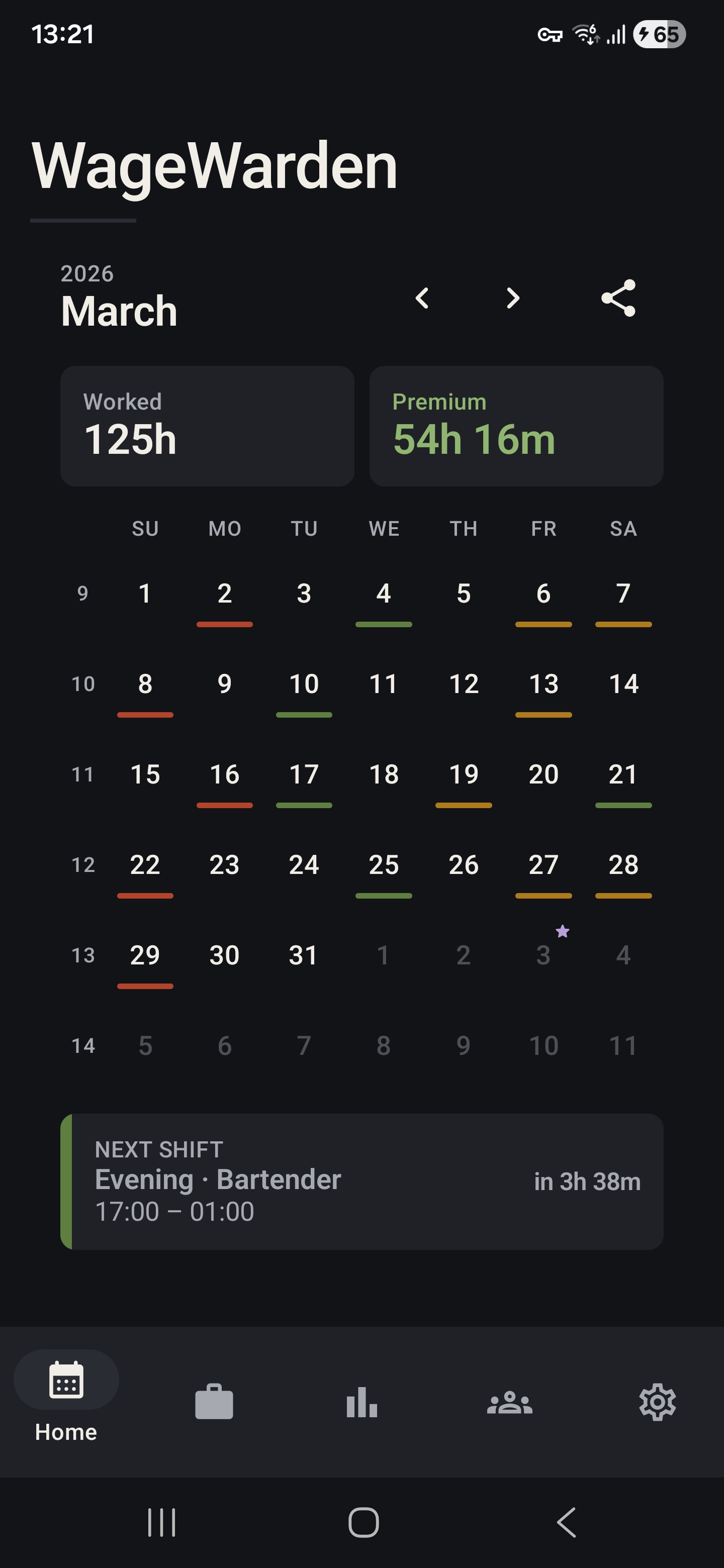The WageWarden home screen showing a March calendar with next shift up.